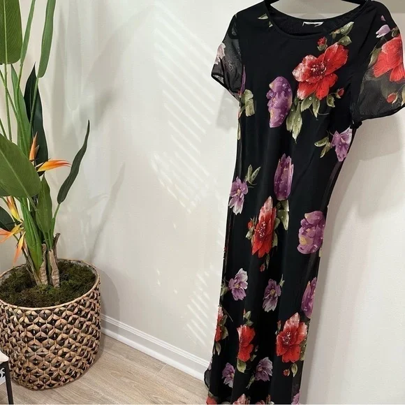 Vintage Floral Maxi Dress Whimsigoth Flowy Evening Gown Cocktail Bloomcore Party - Picture 14 of 16